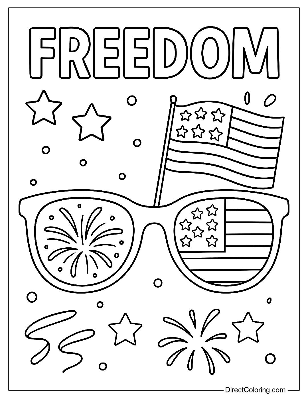 A coloring page of a large pair of sunglasses, with the lenses reflecting fireworks and the American flag, with the word 